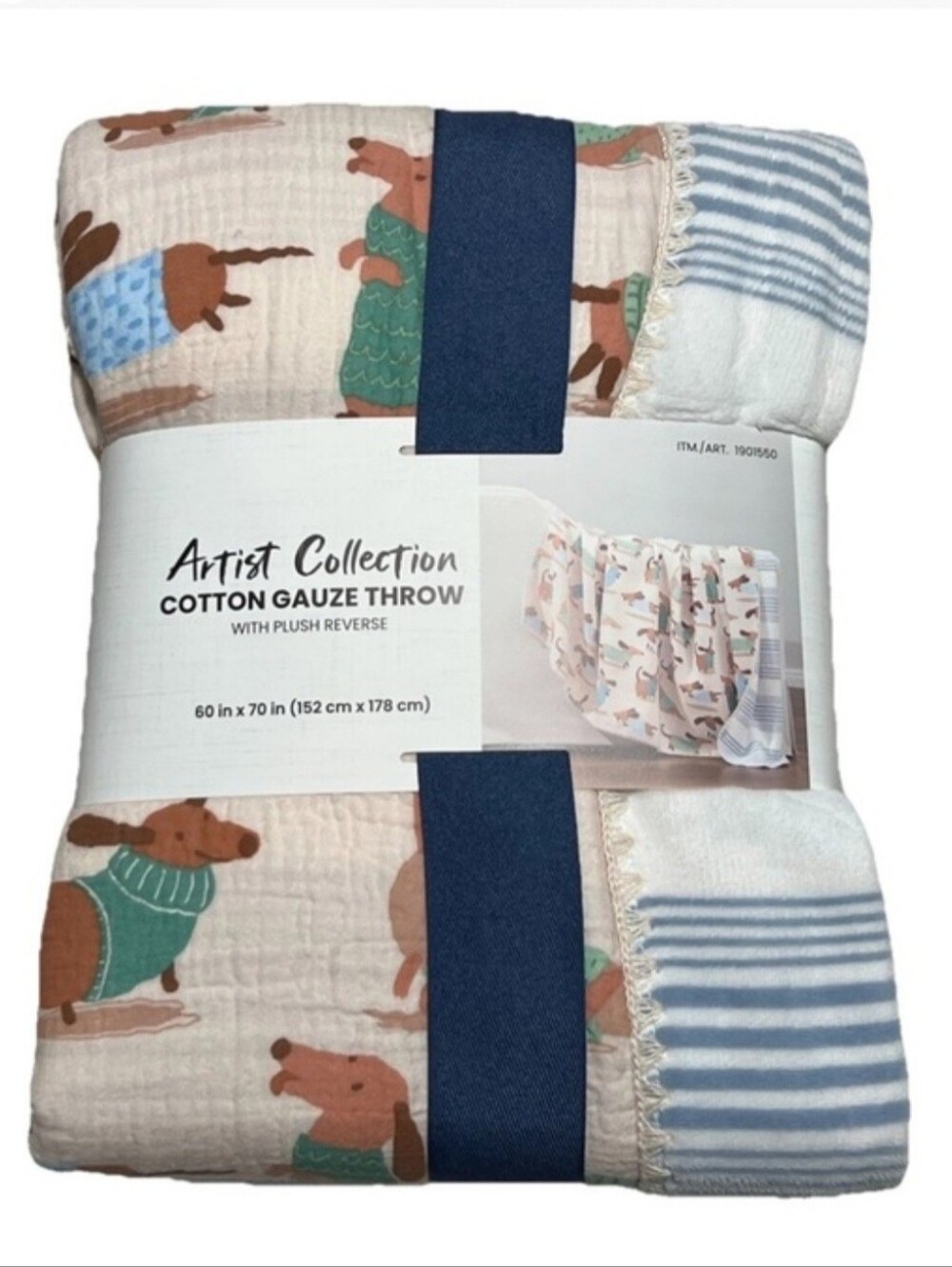 Cotton Gauze Throw Blanket - Blue, Cream Dachshund Print